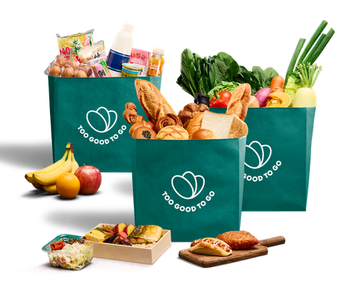 three green bags with too good to go written on them
