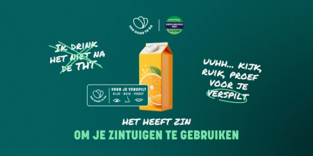 Afbeelding van een pak sap. Kijk, Ruik en Proef voor je verspilt