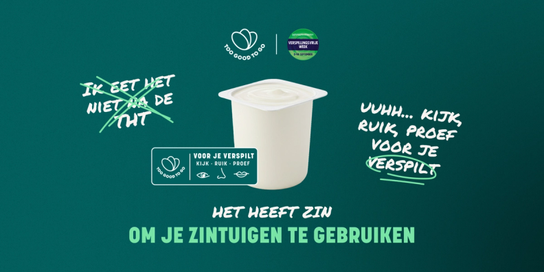Afbeelding van een yoghurt bakje. Kijk, Ruik en Proef voor je verspilt