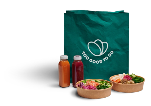 a green bag that says too good to go on it