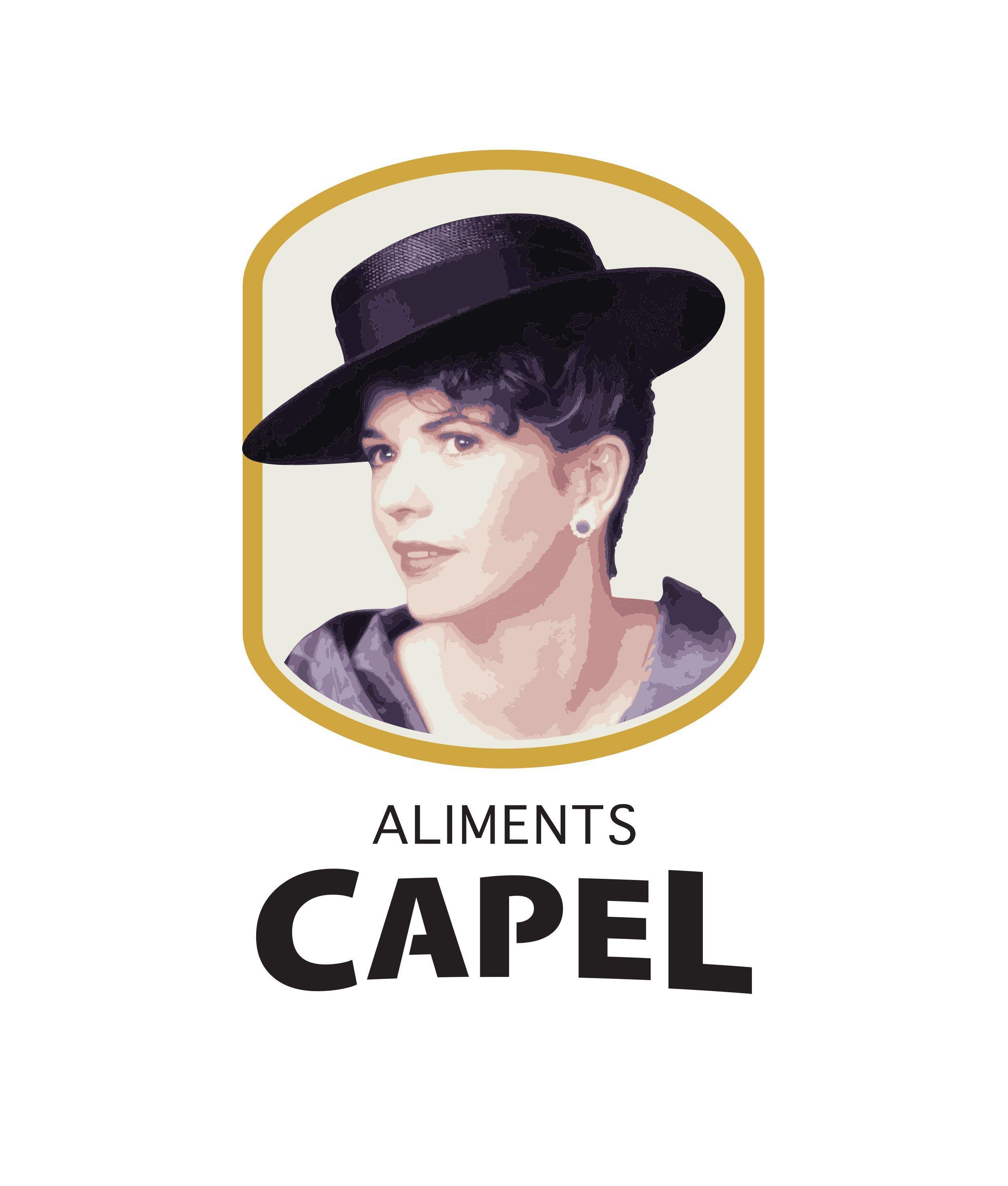 a logo for aliments capel shows a woman wearing a black hat