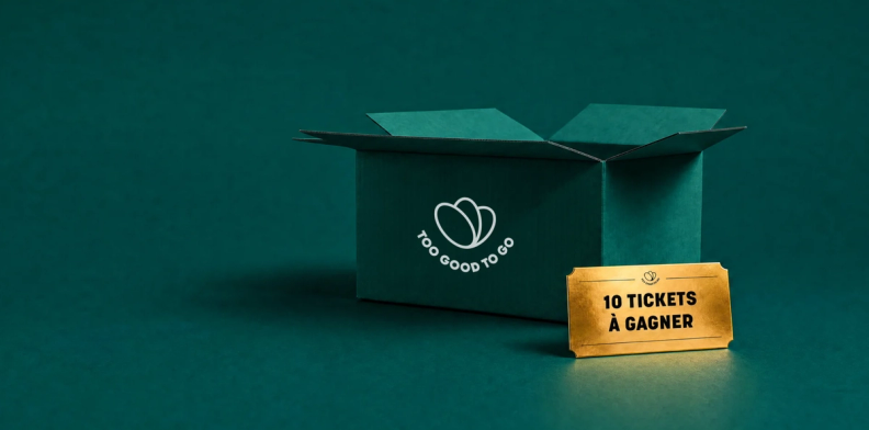 Open Too Good To Go box and a golden ticket reading "10 TICKETS À GAGNER."
