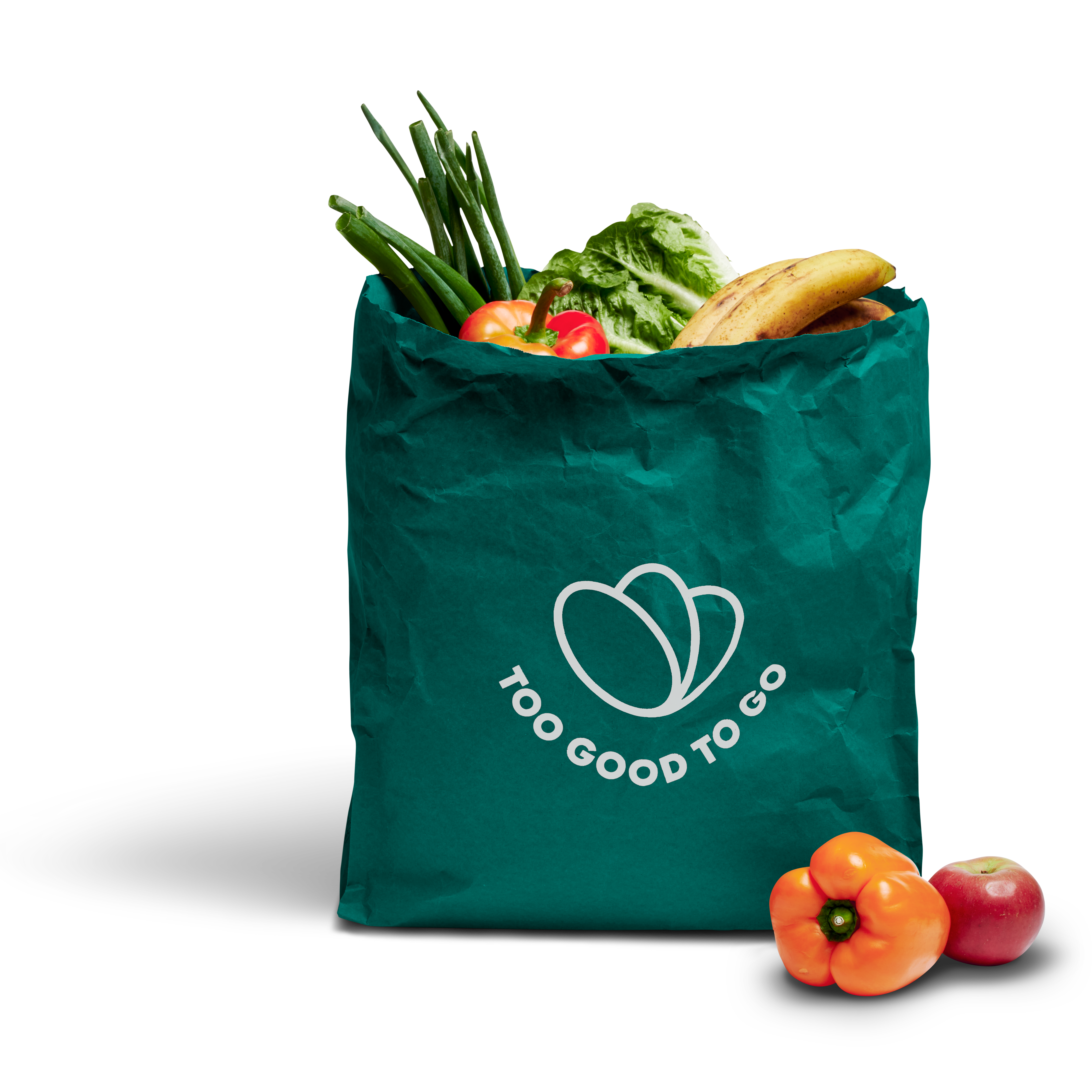 a green too good to go bag filled with fruits and vegetables