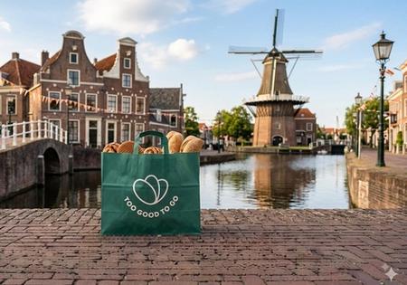 A green "Too Good To Go" bag filled with bread on a brick street, with a canal, historic Dutch buildings, and a windmill in the background. (AI generated with Gemini)