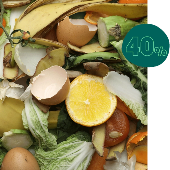 a pile of food with a green circle that says 40 %