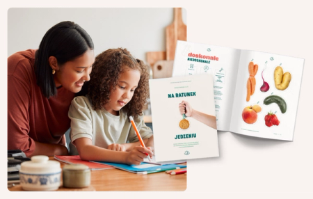 a book titled na ratunek jedzenia sits on a table next to a woman and child