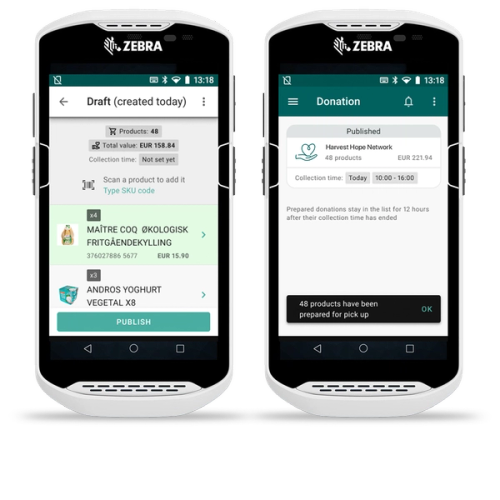 two zebra branded cell phones showing a donation page