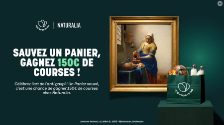 Advertisement featuring Vermeer's The Milkmaid painting next to a Too Good To Go bag filled with groceries. Text promotes a contest: "Save a basket, win 150€ of groceries!" with Naturalia.