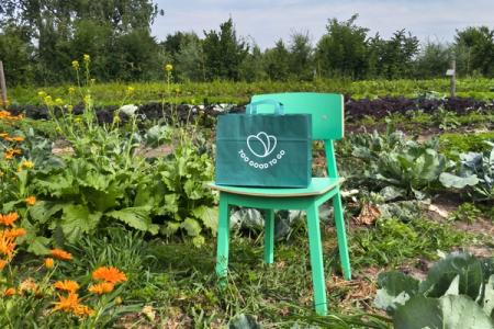 A green "Too Good To Go" bag sits on a green chair in a vegetable garden.