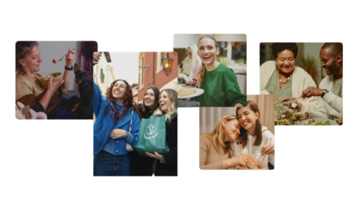 a collage of people including a woman holding a bag that says ' Too Good To Go ' on it