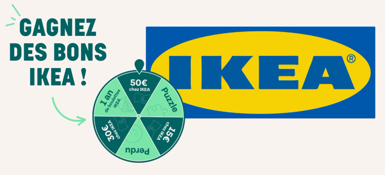IKEA logo with a prize wheel offering vouchers and prizes, and text "Win IKEA Vouchers!".