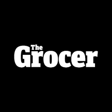 the grocer logo is white on a black background .