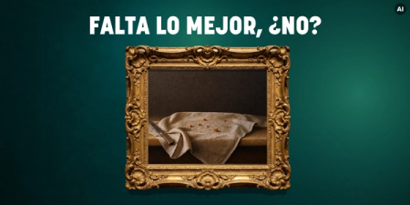 Still life painting in an ornate gold frame showing a rumpled cloth, a knife, and crumbs, with text "FALTA LO MEJOR, ¿NO?" (THE BEST IS MISSING, RIGHT?) above.