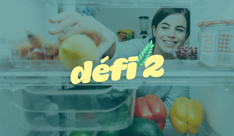 a woman taking a lemon out of a refrigerator with the words défi 2 behind her