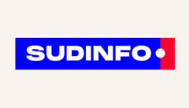 SUDINFO logo with white text on a blue background, a white dot, and a red vertical bar.