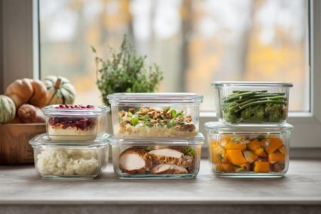 Glass containers holding various prepared meals, including chicken, vegetables, and a dessert, on a kitchen counter.