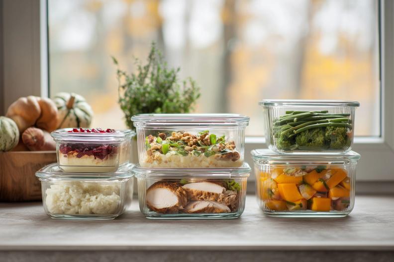 Glass containers holding various prepared meals, including chicken, vegetables, and a dessert, on a kitchen counter.