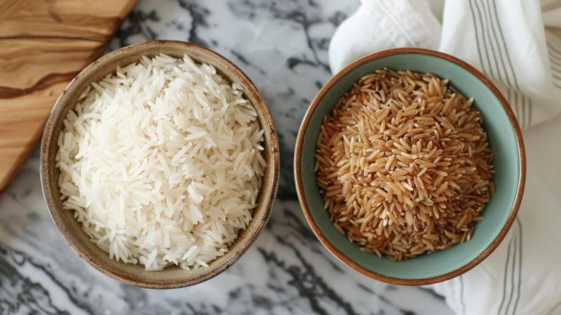 Two bowls of rice, one white and one brown, are on a table.