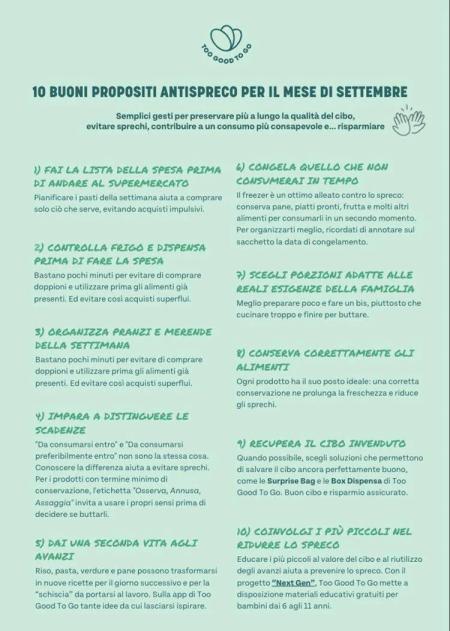 Too Good To Go poster outlining 10 anti-food waste tips for September in Italian.