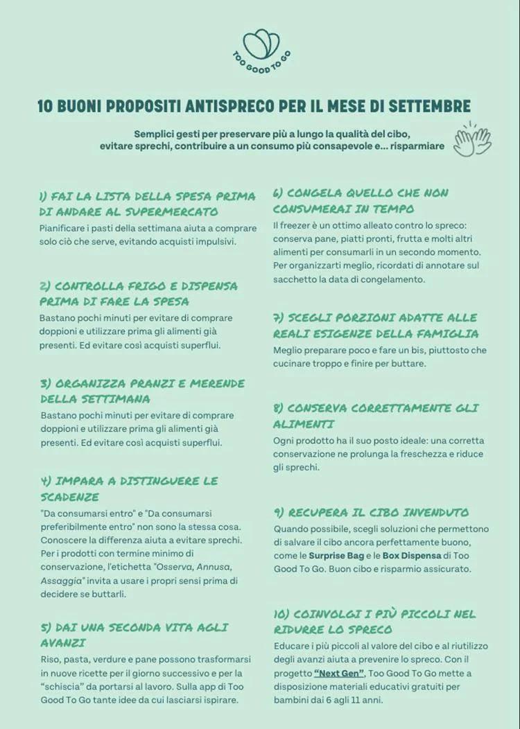 Too Good To Go poster outlining 10 anti-food waste tips for September in Italian.