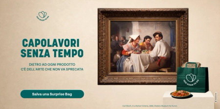 Too Good To Go ad showing Carl Bloch's 'In a Roman Osteria' painting alongside a branded green bag and a plate of pasta, with text promoting saving food from waste like 'timeless masterpieces'.