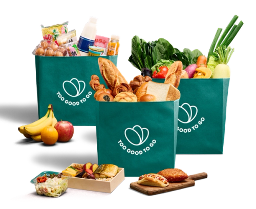 three green bags with too good to go written on them