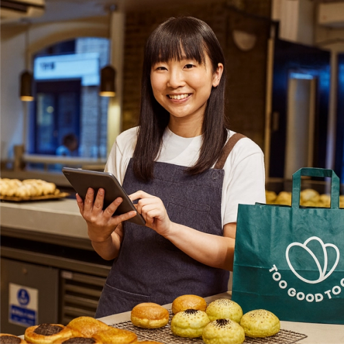 a woman using a tablet next to a bag that says too good to go