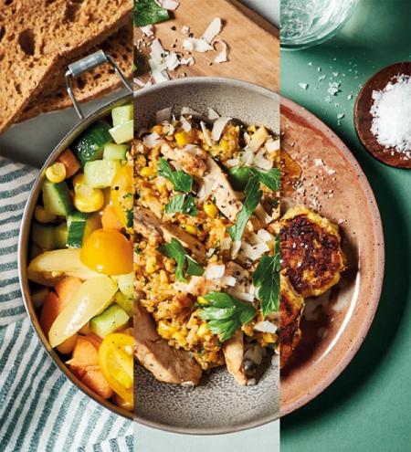 a pan of vegetables , a plate of food , and a plate of food on a table .