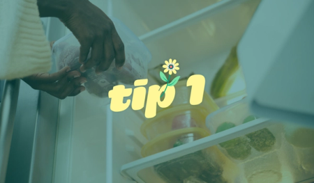 a person taking a bag of food out of a refrigerator with the tip 1 logo behind them