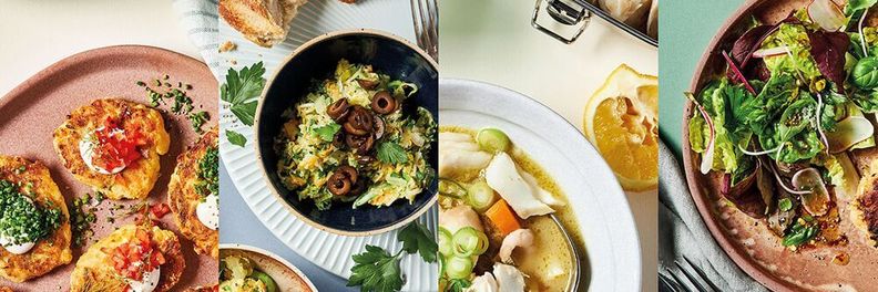 a collage of three pictures of different types of food on plates .