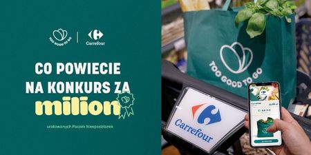 a person is holding a cell phone in front of a carrefour bag .