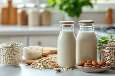 There are many different types of milk on the table.