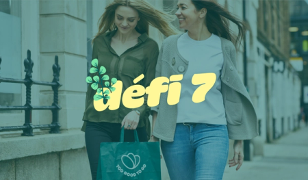 two women walking down a street with the words défi 7 on the bottom