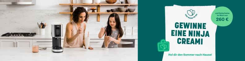 a woman and child in a kitchen with a sign that says gewinne eine ninja creami