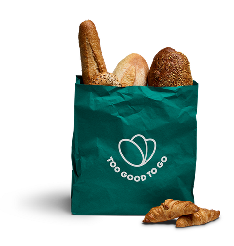 a green bag that says too good to go on it