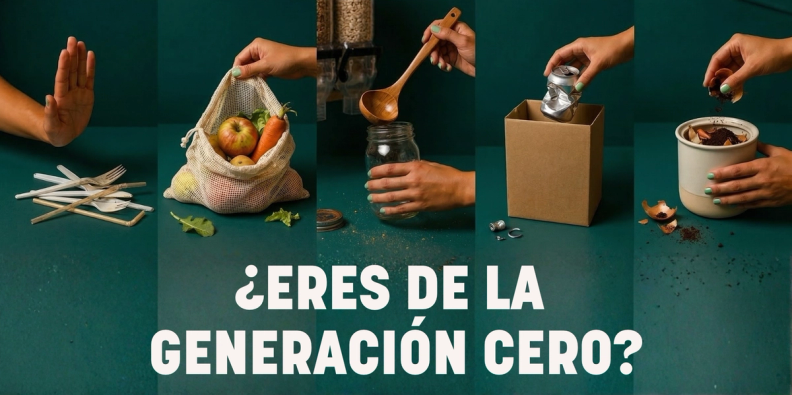 A collage demonstrating zero-waste practices: a hand rejecting single-use plastic, using a reusable produce bag, refilling a jar from a bulk dispenser, recycling an aluminum can, and composting food scraps. Text: "¿ERES DE LA GENERACIÓN CERO?".