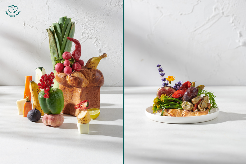 Divided image with fresh produce on the left and a colorful prepared toast on a white plate on the right.