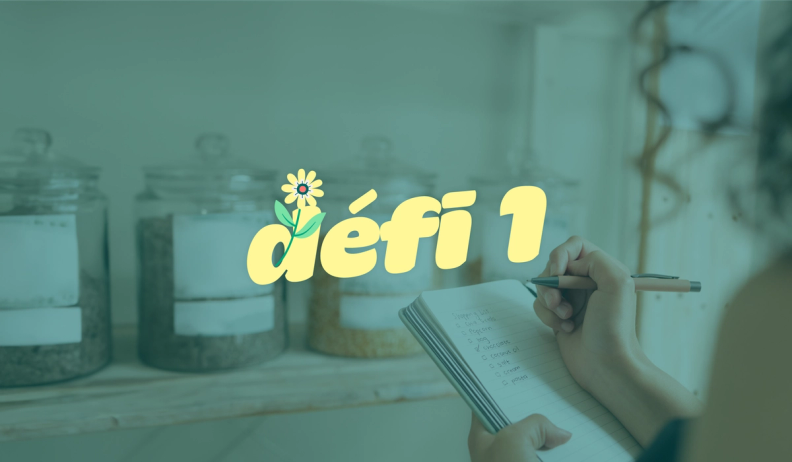 a person writing in a notebook in front of jars that say défi 1