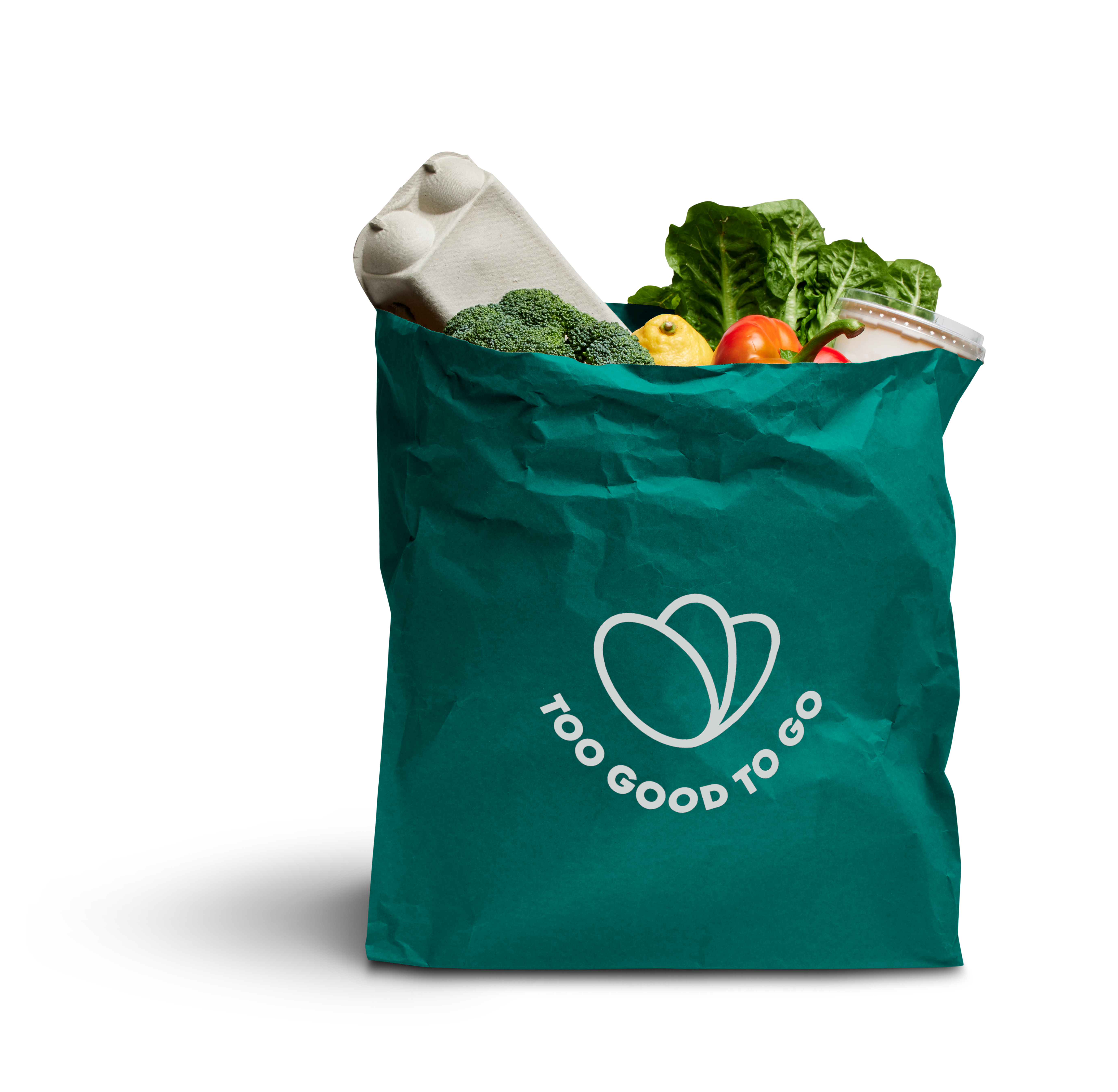 a green bag filled with fruits and vegetables says too good to go