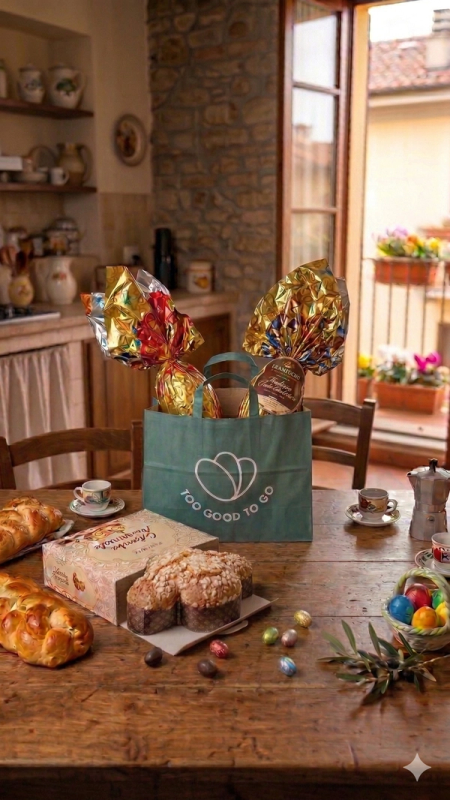 An Easter spread on a rustic wooden table featuring chocolate eggs, Colomba cake, braided bread, and a "Too Good To Go" bag.