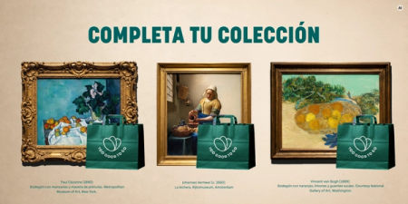 Three famous paintings by Cézanne, Vermeer, and Van Gogh, each with a green "Too Good To Go" bag in front, under the heading "COMPLETA TU COLECCIÓN".