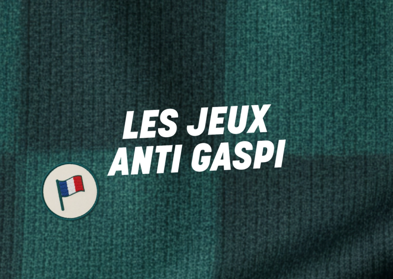 White text "LES JEUX ANTI GASPI" (The Anti Waste Games) on a dark teal plaid background, with the Too Good To Go logo and a French flag icon.