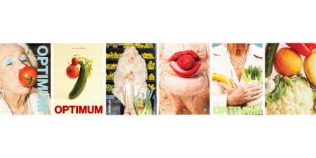 Six "OPTIMUM" magazine covers featuring elderly individuals with fresh fruits and vegetables.