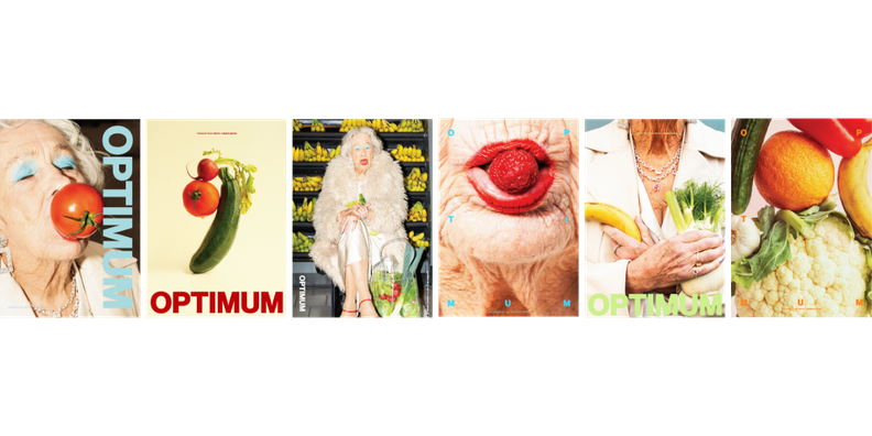 Six "OPTIMUM" magazine covers featuring elderly individuals with fresh fruits and vegetables.