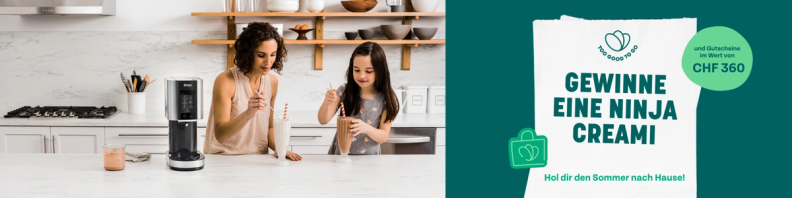 a woman and child in a kitchen with a sign that says " gewinne eine ninja creami "