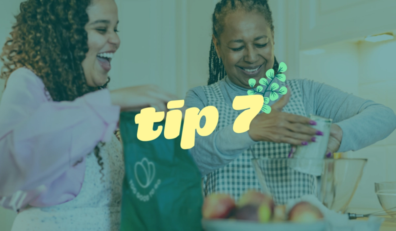 a woman is holding a green bag that says tip 7