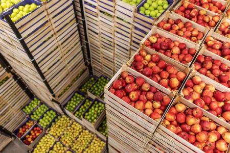 Red, green, and yellow apples in stacked wooden crates.