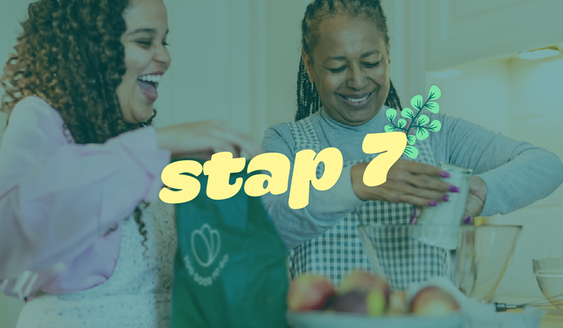 two women are standing in front of a sign that says stap 7