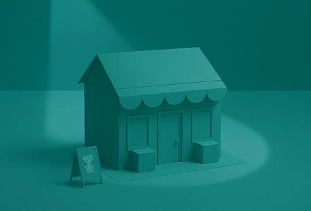 A minimalist 3D rendering of a monochromatic teal shop with an A-frame sign, highlighted by spotlights.