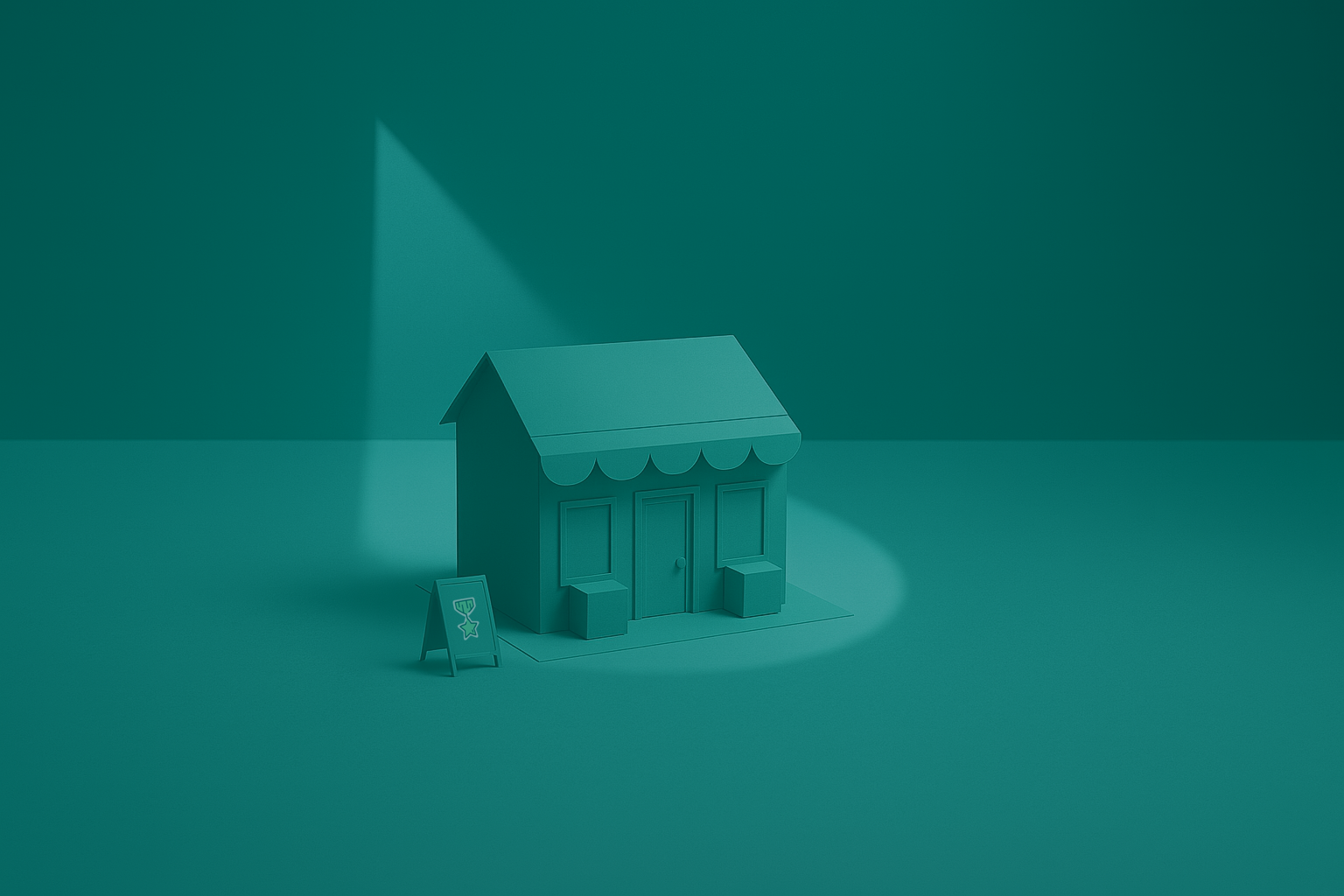 A minimalist teal 3D shop model with an awning, two doors, a box, and a heart sign, lit by spotlights.